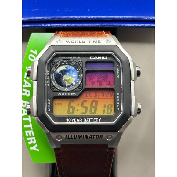Casio AE1200WH Custom Sunset Filter Globe Leather Strap World Time - Picture 1 of 17